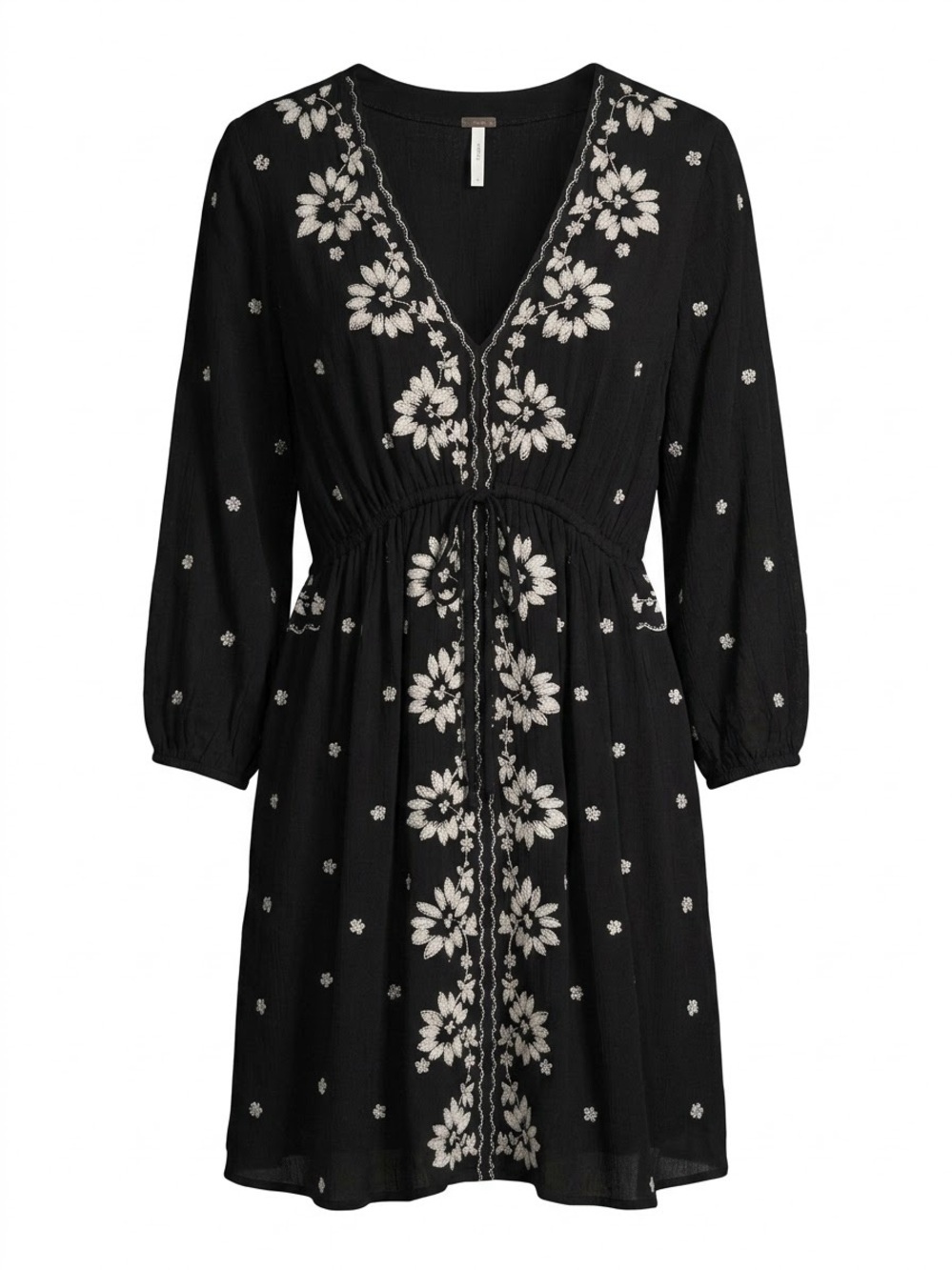 Free People Black Long-Sleeve Floral Embroidered Tie-Waist Dress